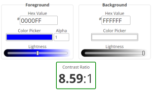 Captura de tela de uma interface de verificação de contraste entre cores de primeiro plano (foreground) e plano de fundo (background).